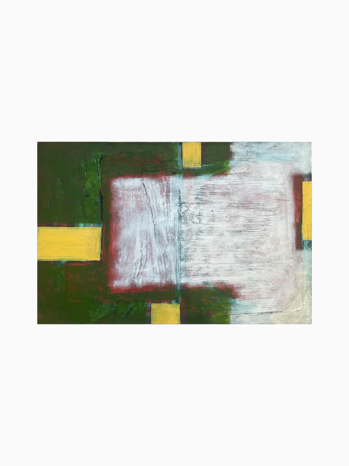 Untitled (four yellow rectangles, green field, white field, red in between)